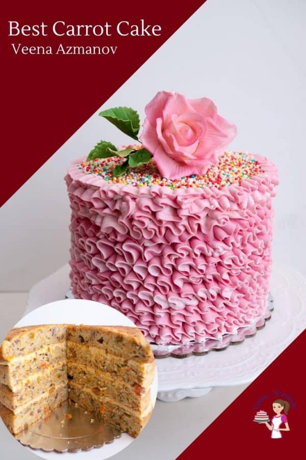 A carrot cake decorated with pink buttercream.