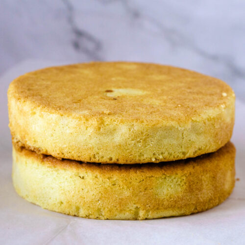 Two vanilla cakes stacked on the table.