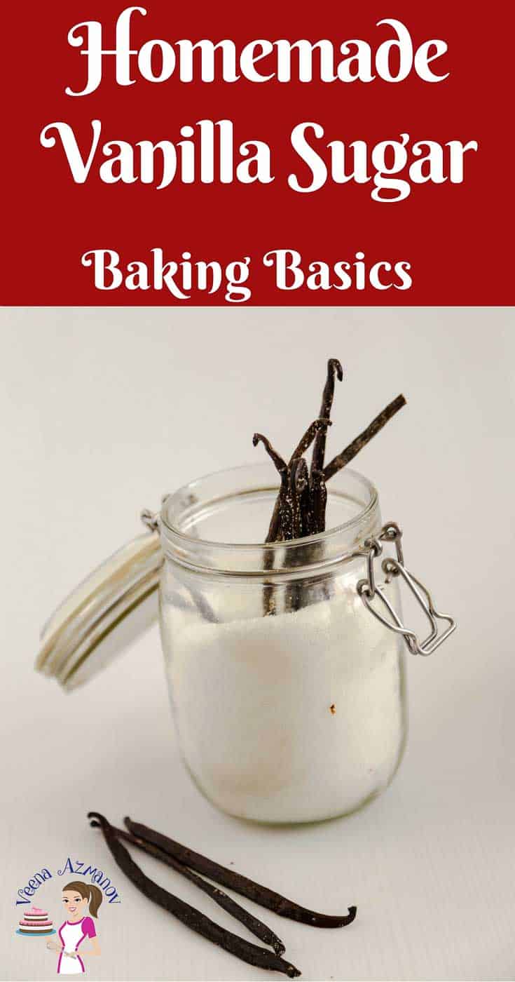 Vanilla sugar can enhance the flavor of vanilla in baked goods; but it can be expensive. Homemade vanilla sugar is a simple, easy and effortless process that takes five minutes but will save your lots of money if you bake often. Vanilla sugar uses only two ingredients and can be used in sweet and savory dishes as well as drink and sprinkles to enhance their flavor. A Pinterest Optimized image on how to make Homemade Vanilla Sugar. Showing a glass jar of white granulated sugar with vanilla beans
