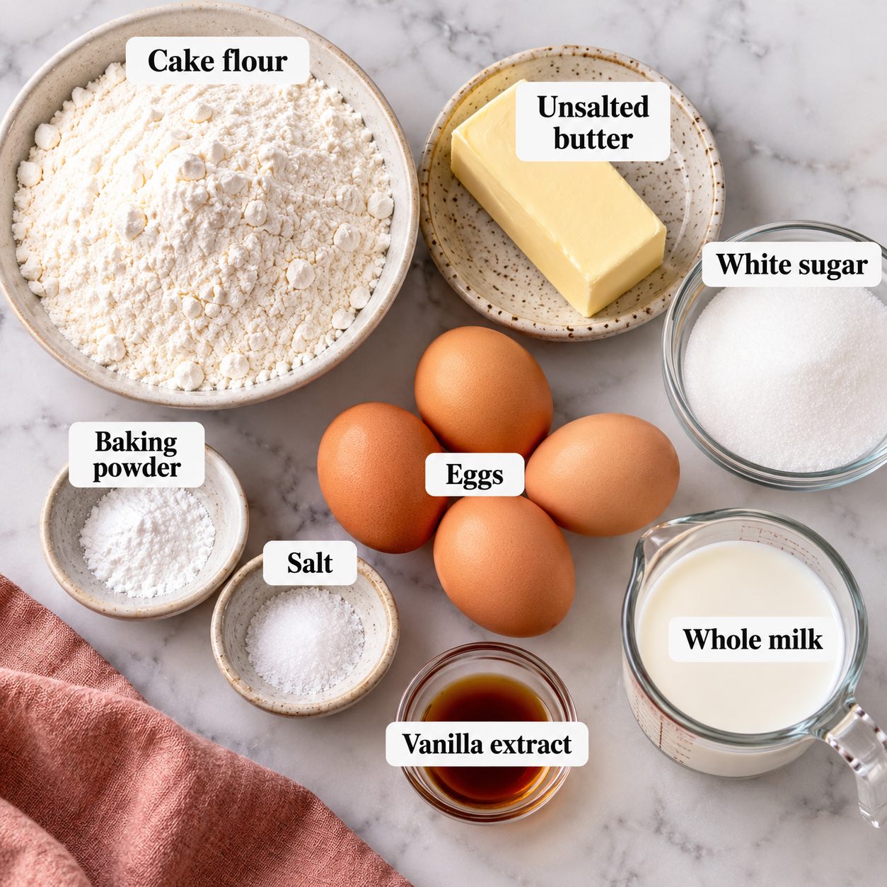 Ingredients for how to bake a cake from scratch.