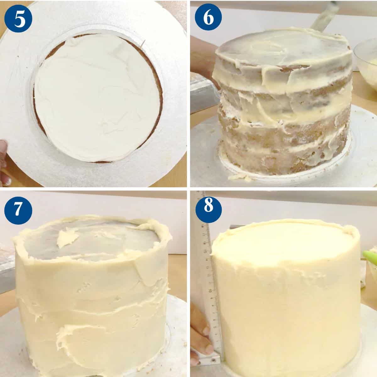 Progress pictures stacking the cake layers.