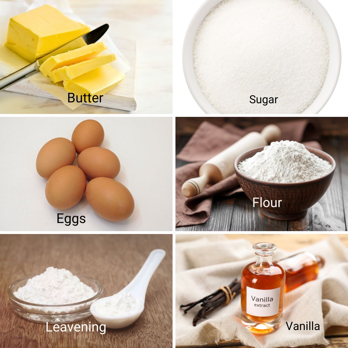 Ingredients for baking a cake from scratch.