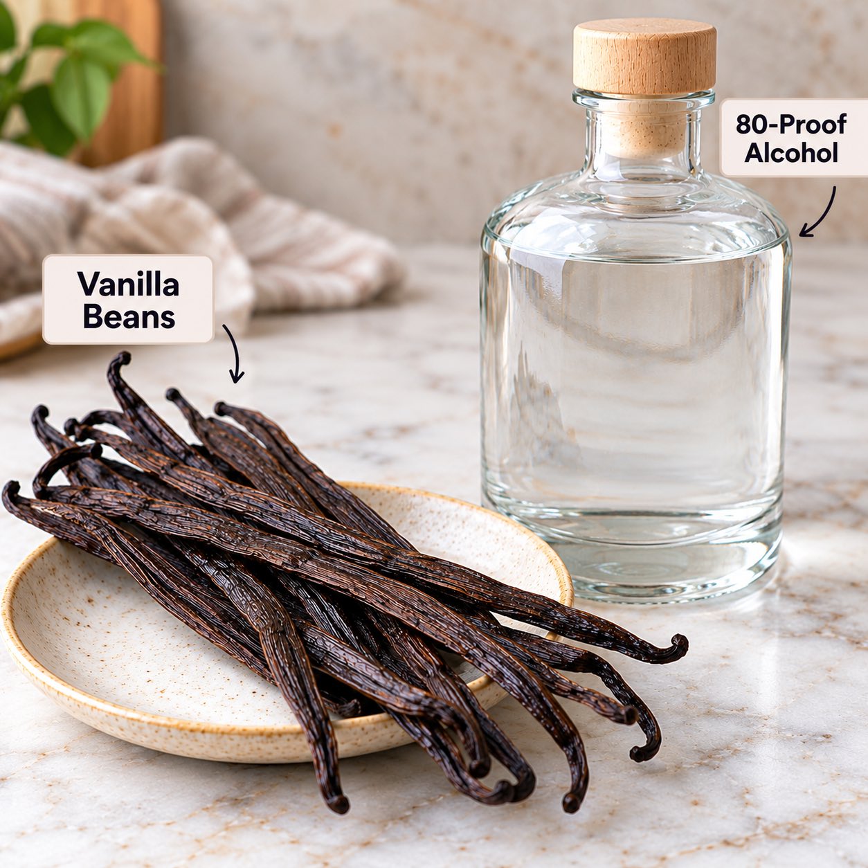 Ingredients for making Vanilla Extract.