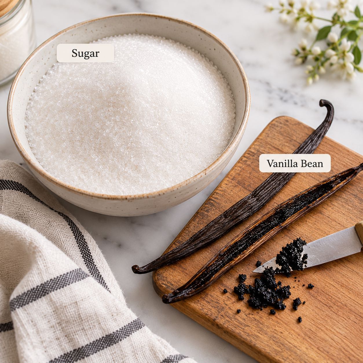 Ingredients for Homemade Vanilla Sugar.