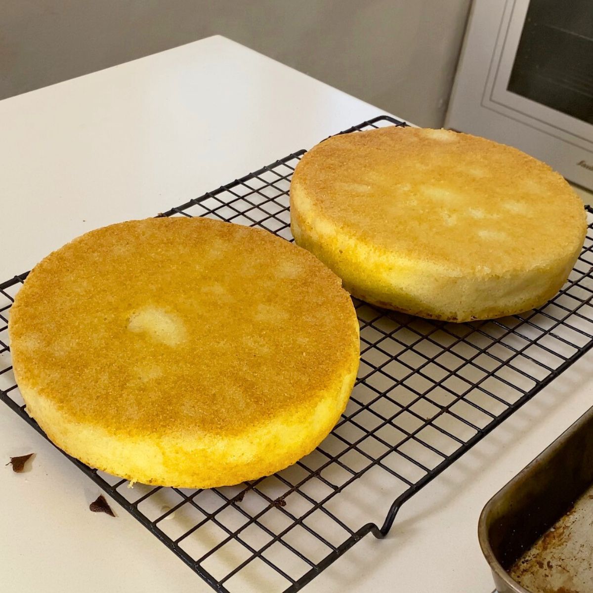 To freshly baked vanilla cakes cooling on the wire reck.