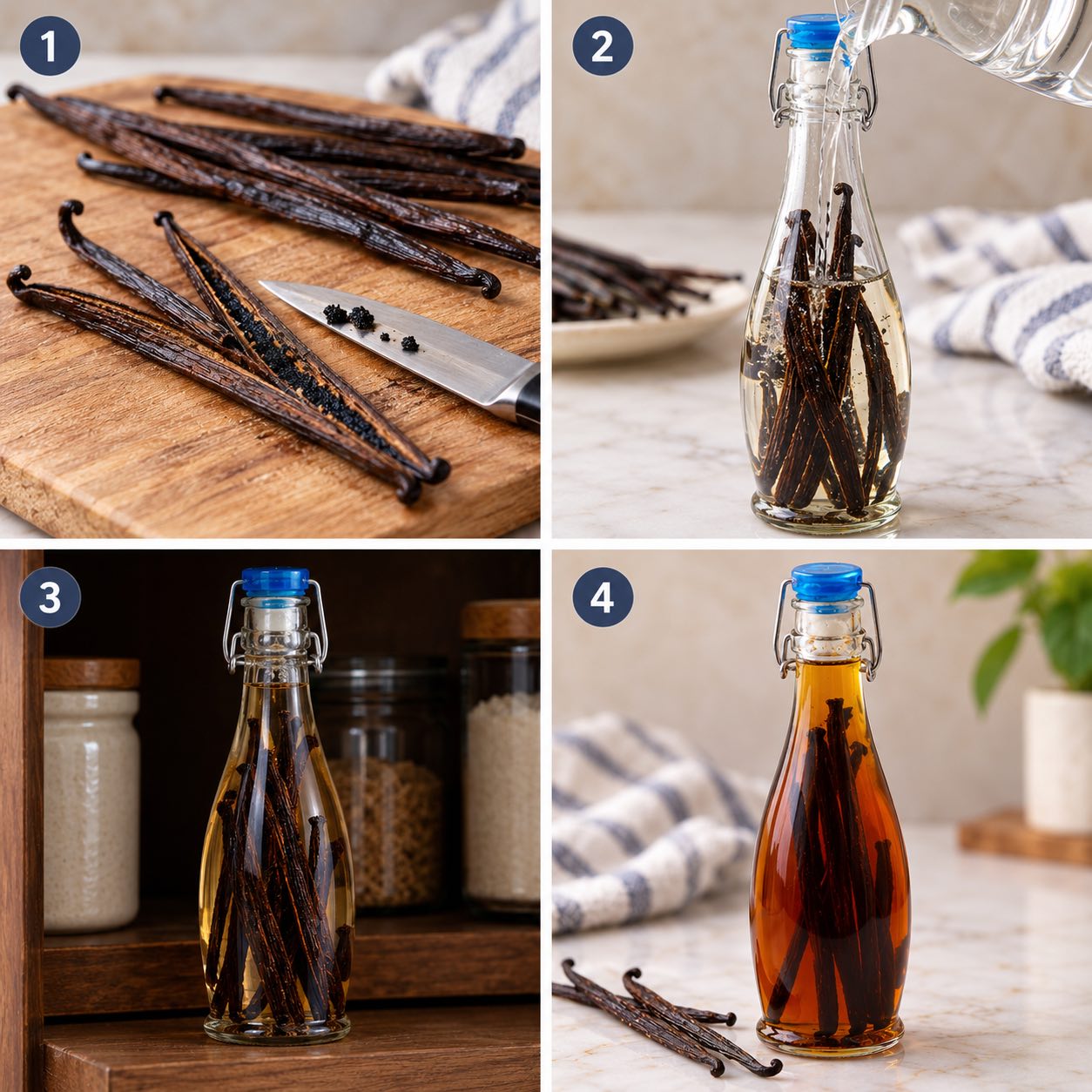 Progress pictures making Vanilla Extract.