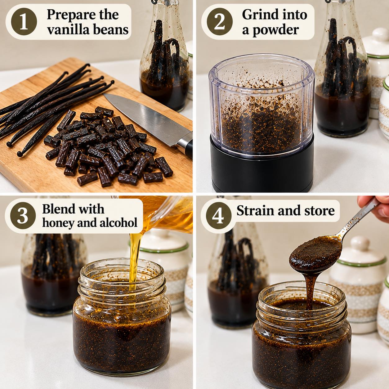 Progress pictures making vanilla bean paste.