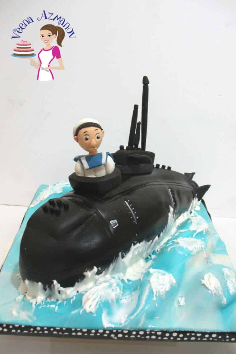 A cake decorated to look like a submarine.