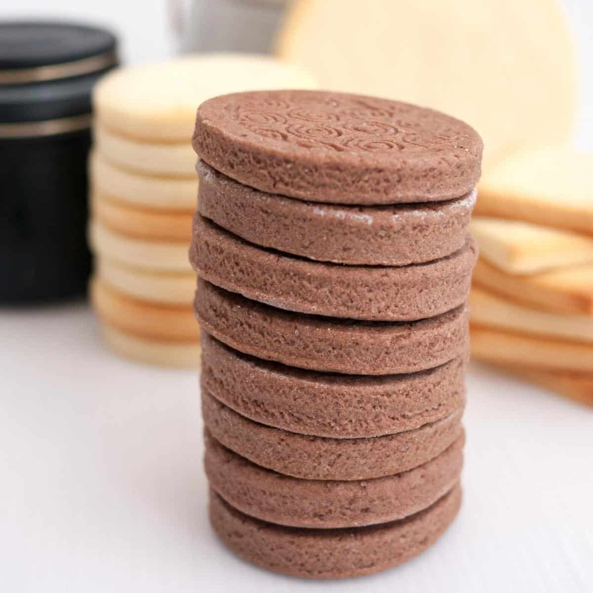 A stack of cookies the table.