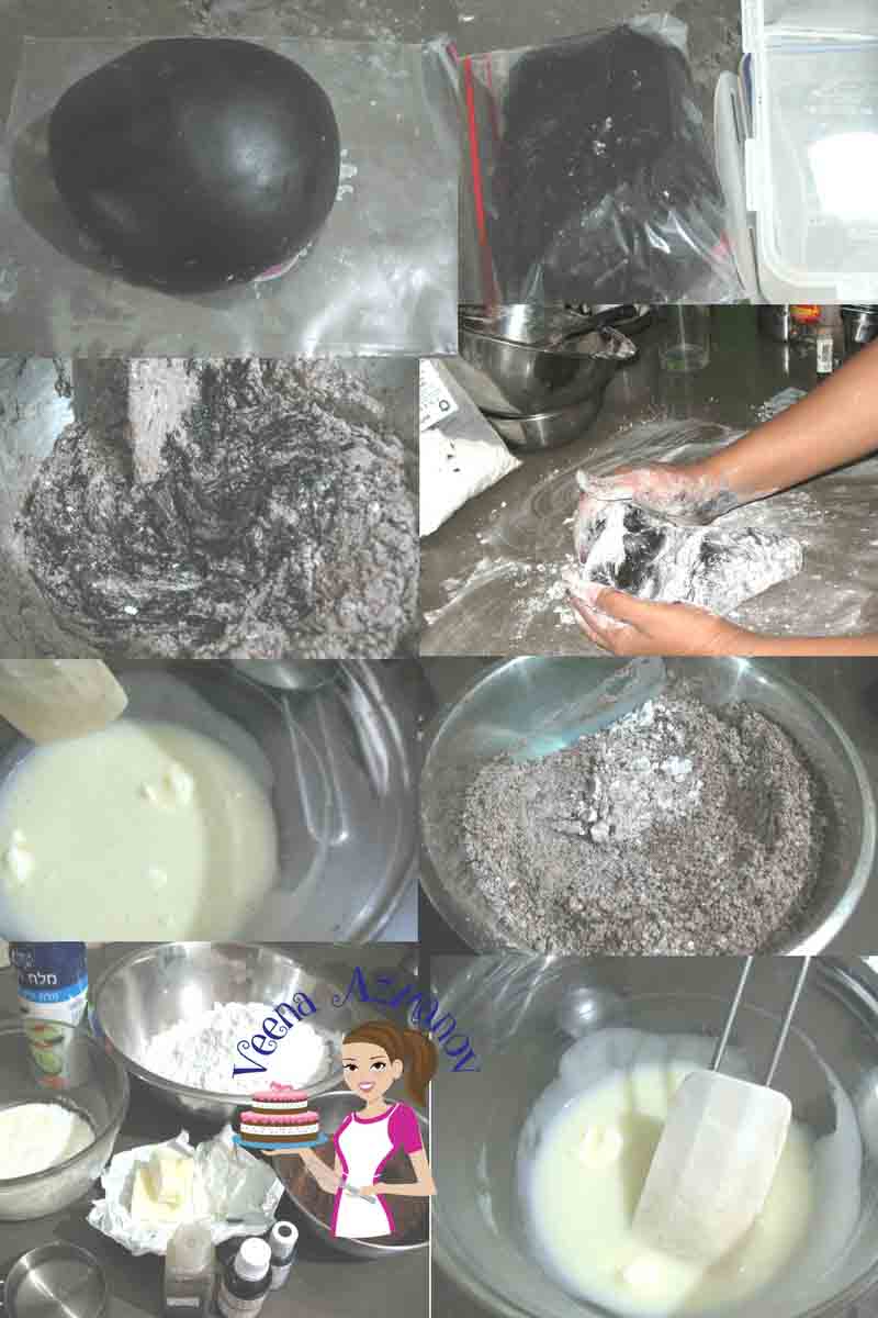 A collage of progress photos of making black fondant.
