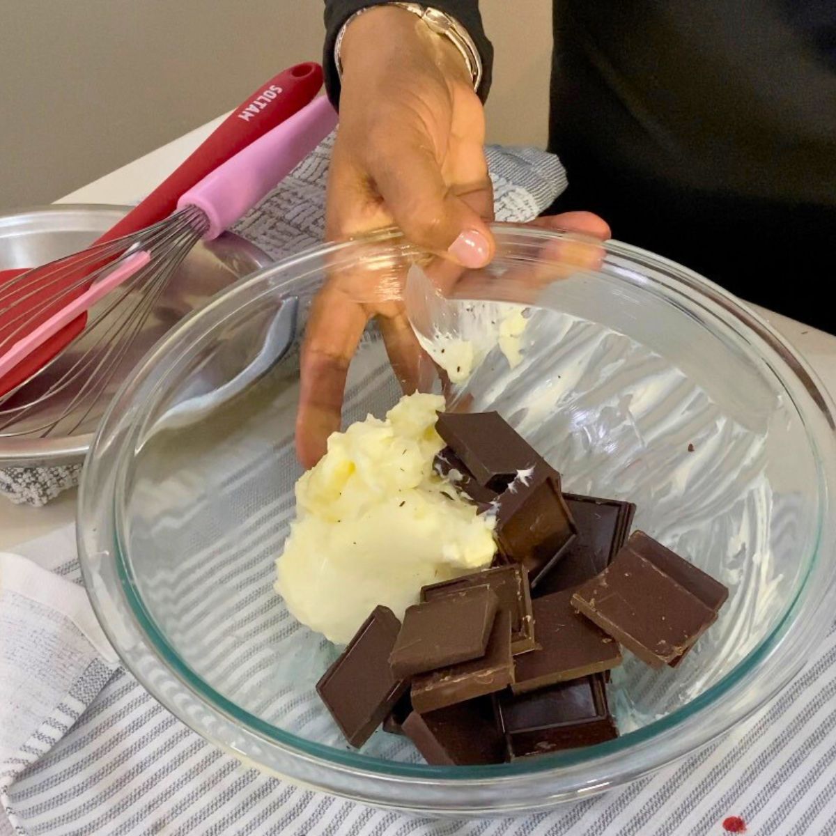 Progress pictures melting butter and chocolate.