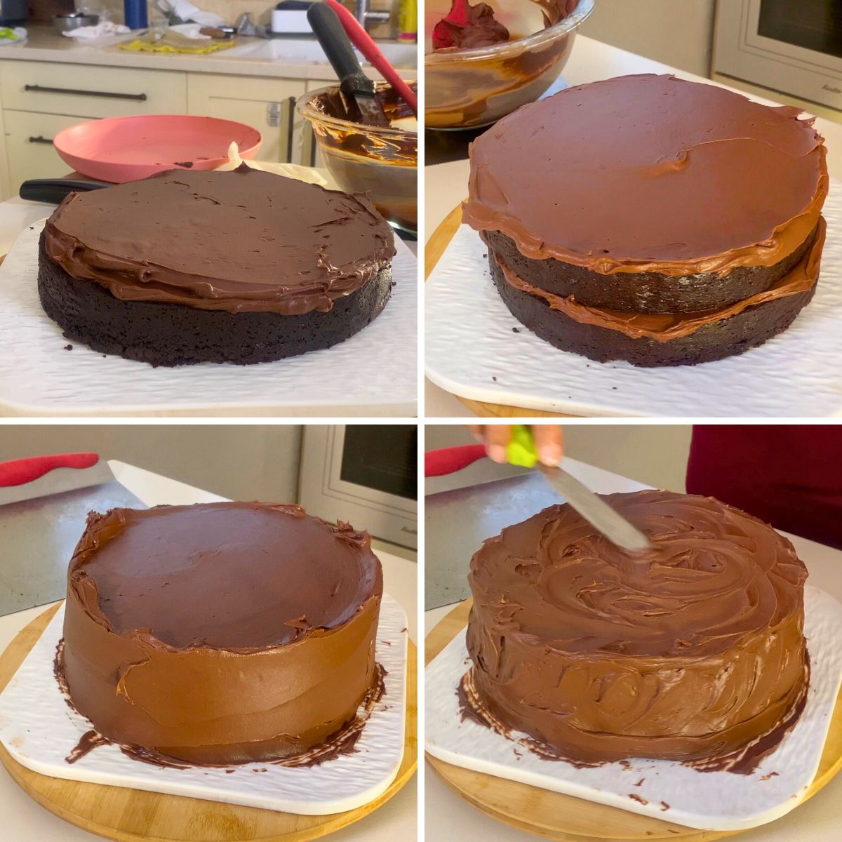 Frosted chocolate mud cake with ganache progress pictures.