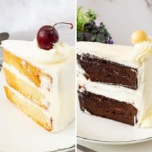 Vanilla and chocolate cake sliced on a plate.