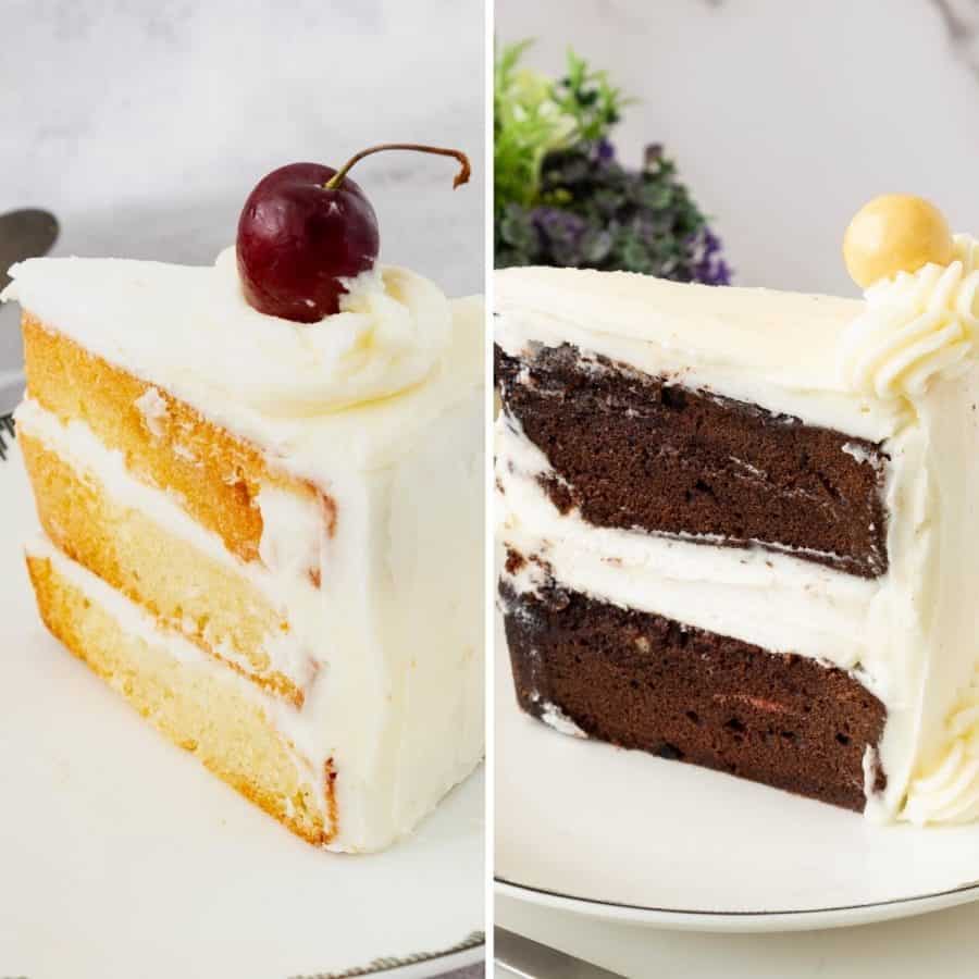 Two plates with vanilla and chocolate cakes slices.