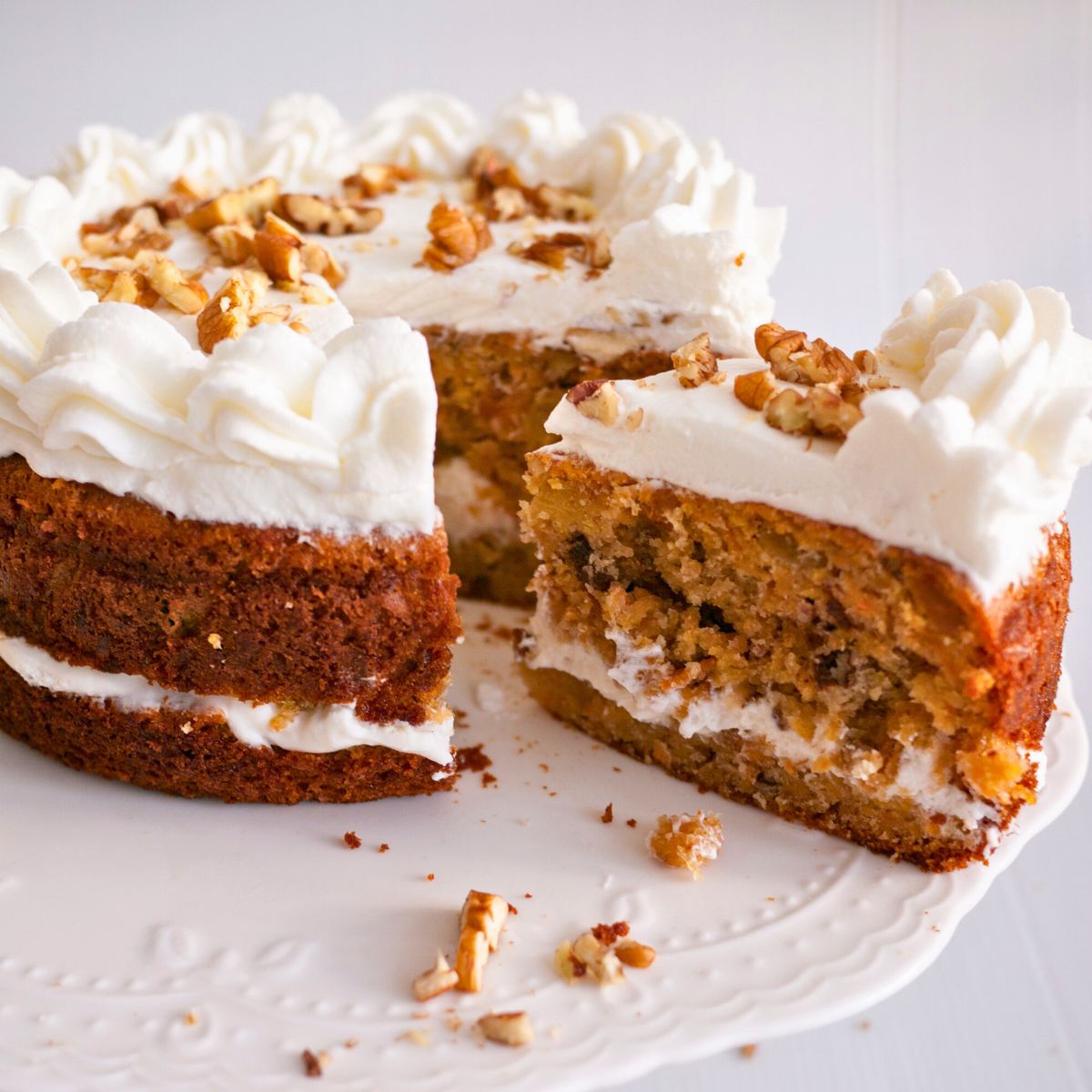 A Cream cheese frosted carrot cake.