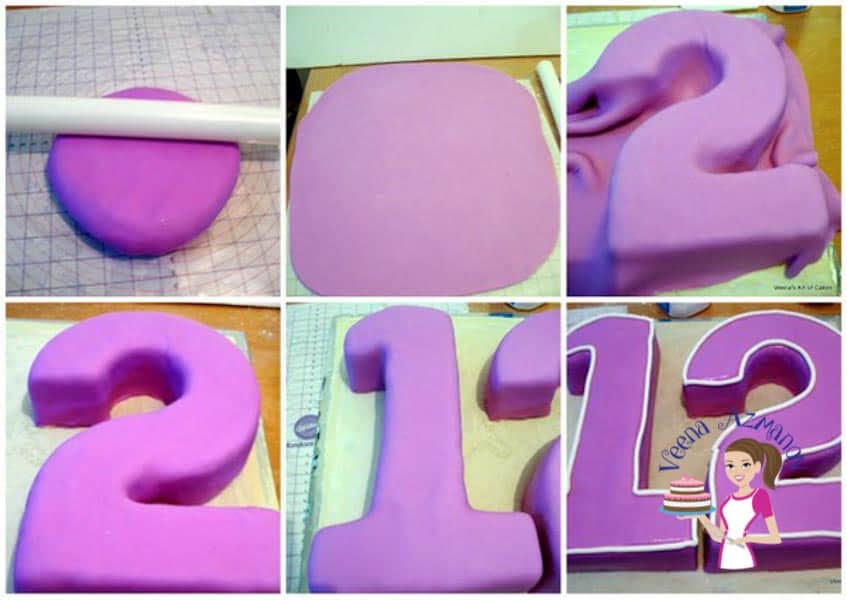 Progress photos of making a cake designed to look like the number 12.