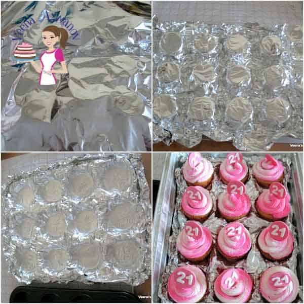 Progress photos of packing cupcakes with aluminum foil.