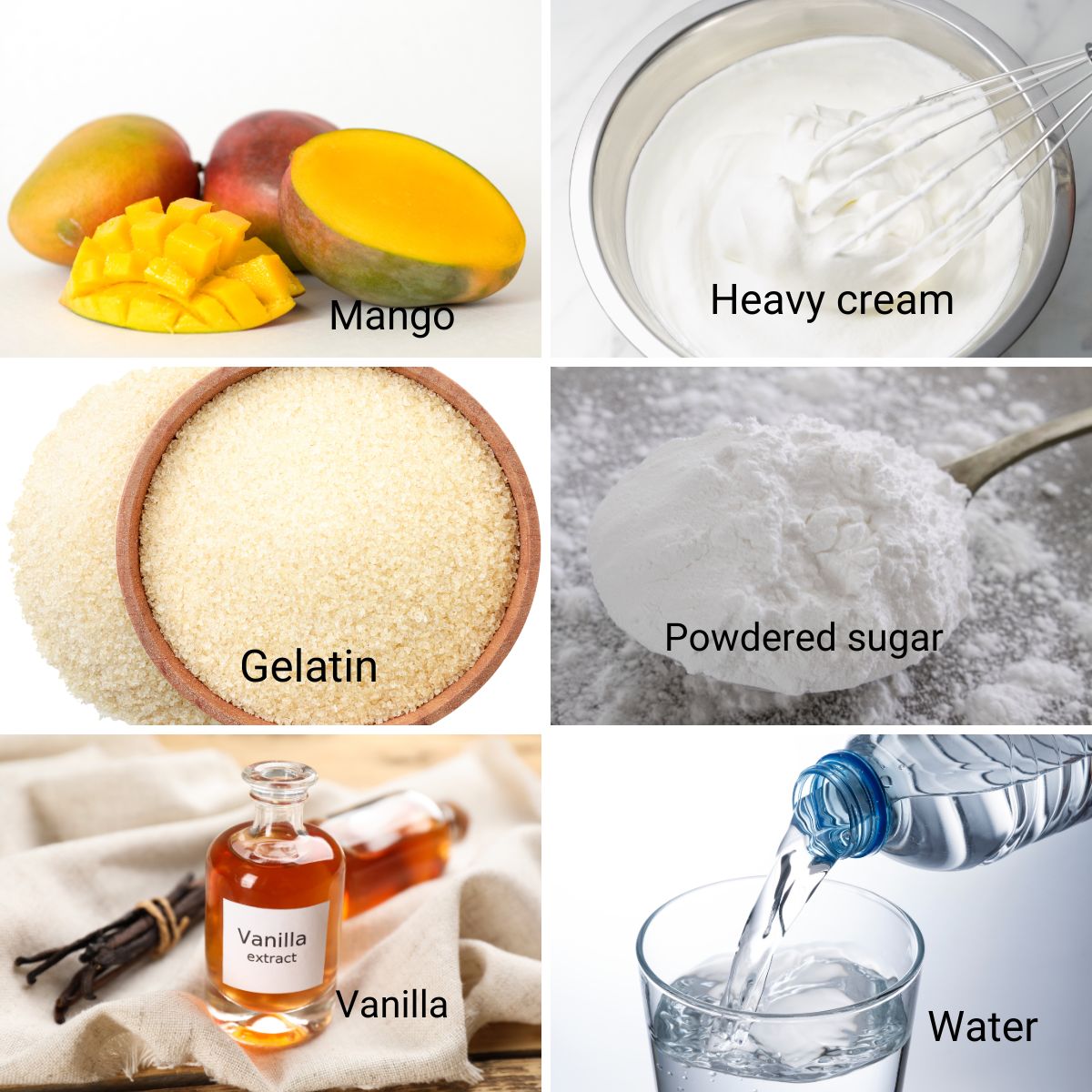 Ingredients collage for mango mousse recipe.