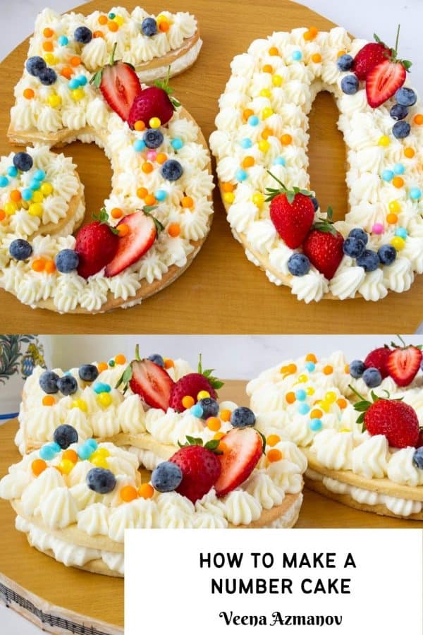 Pinterest image for number shaped cakes.