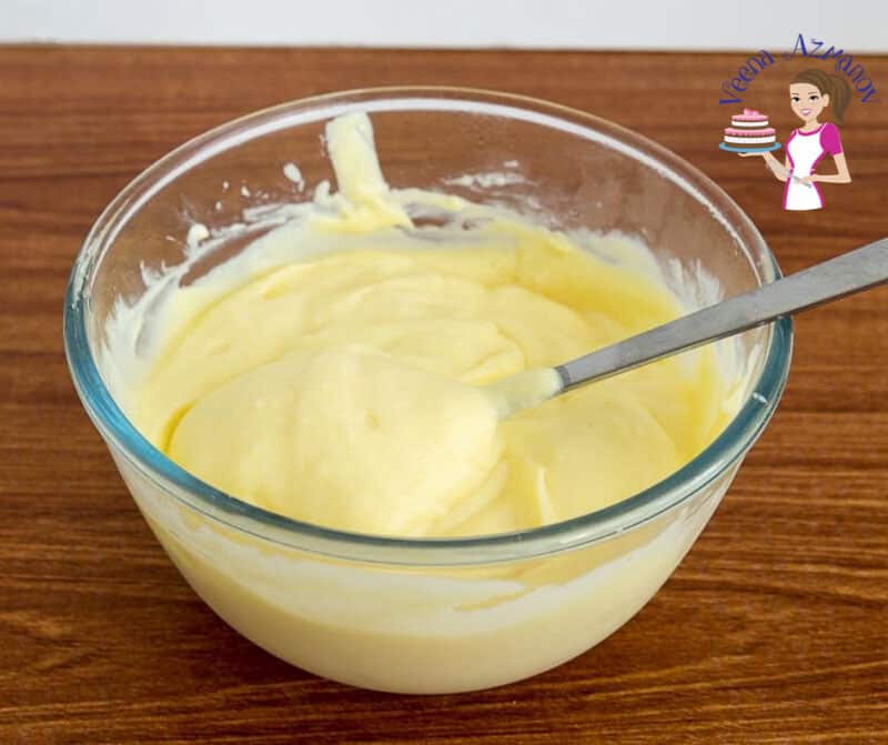 A bowl of pastry cream for making mango mousse.