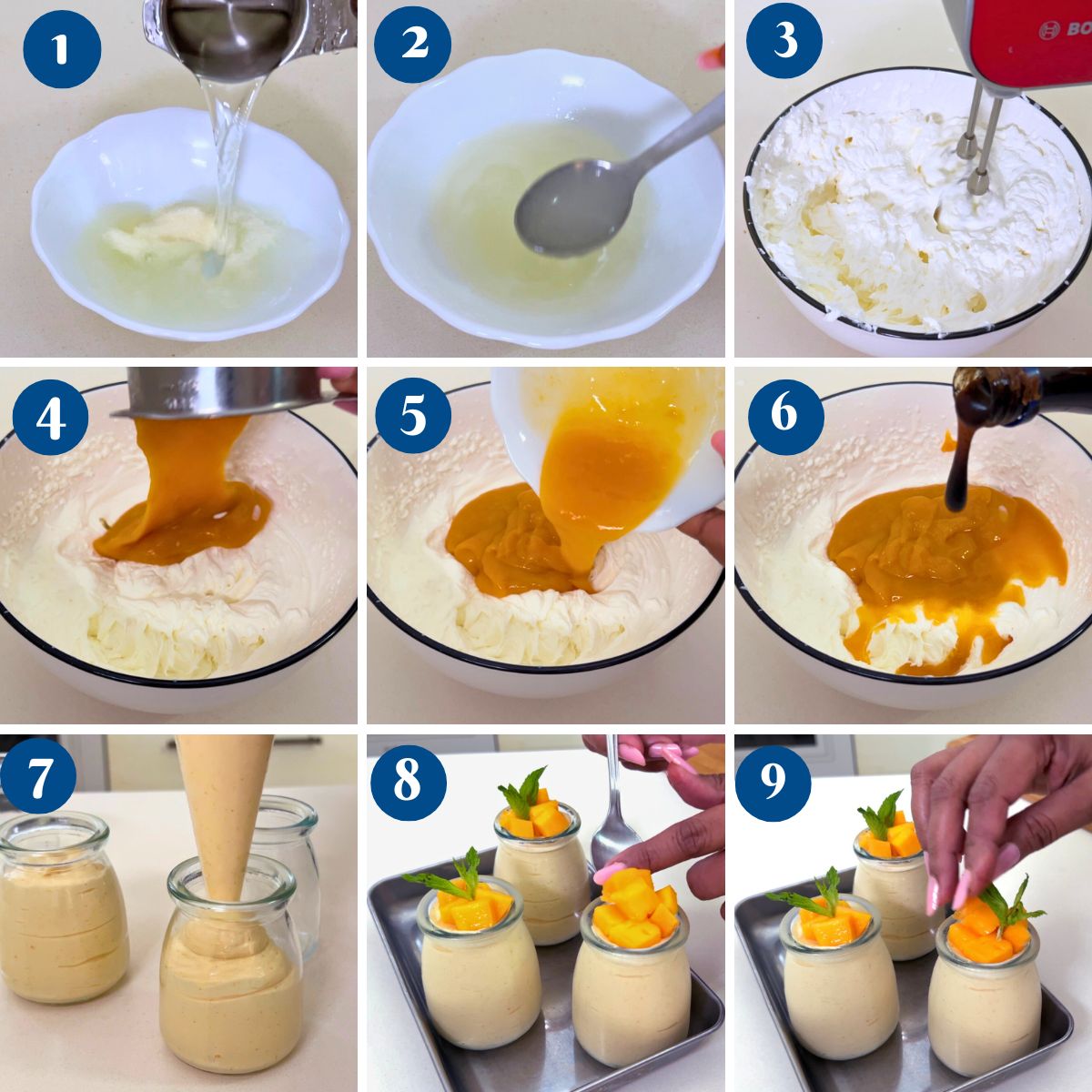 Progress pictures making mango mousse.