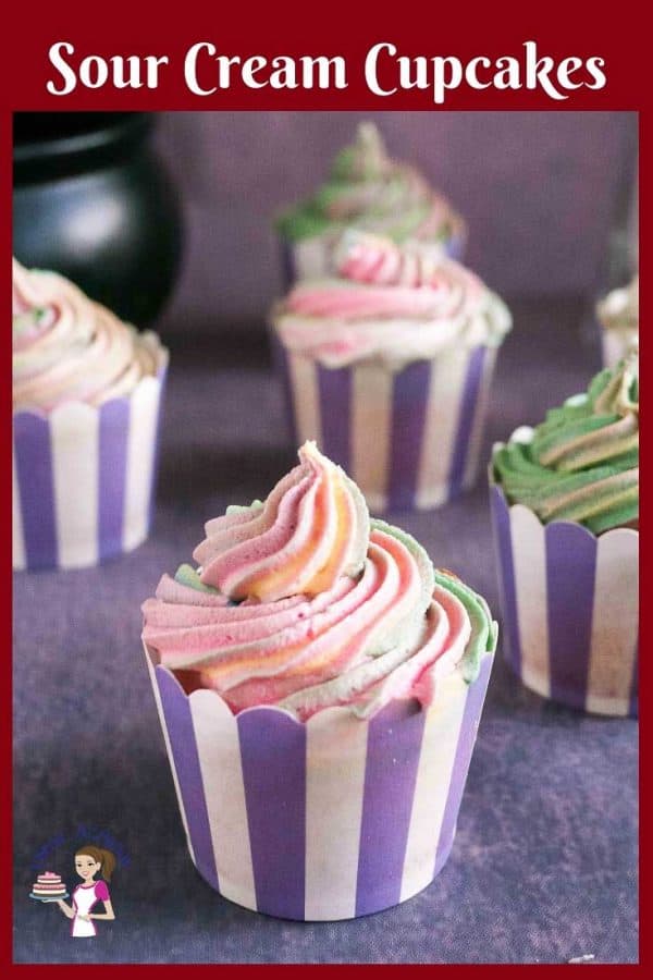 Vanilla sour cream cupcakes with colorful frosting.