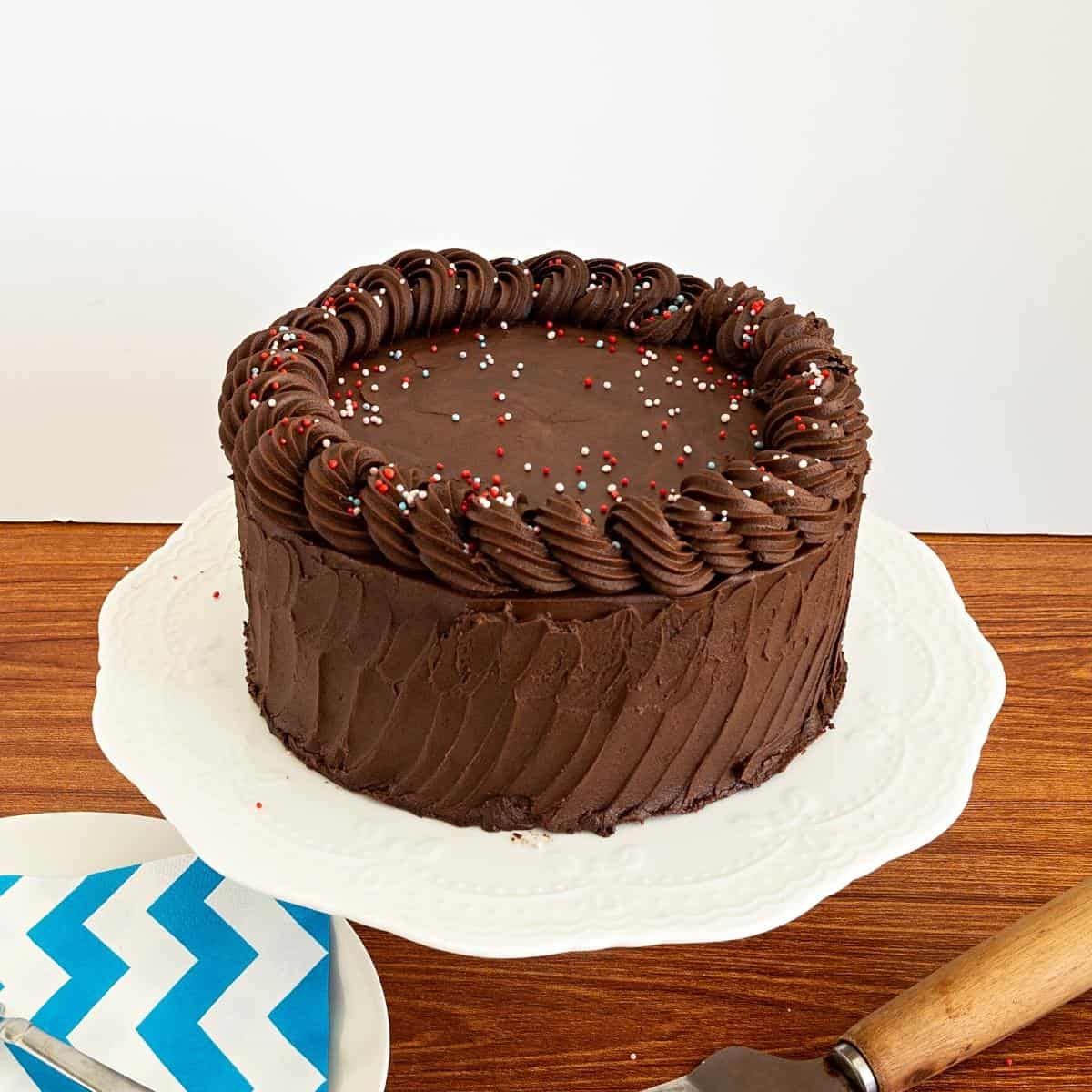 Ganache frosted cake.