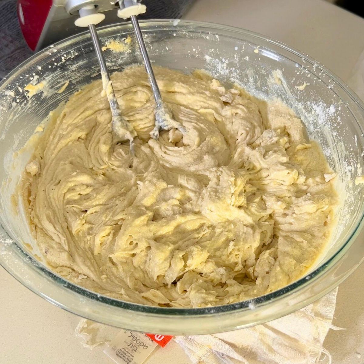Devils food batter in a glass bowl.