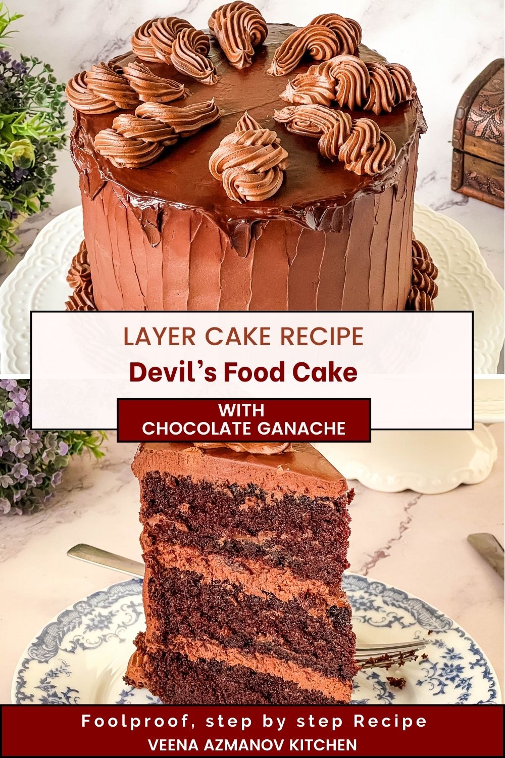 Pinterest image for Devils Food Chocolate cake with Chocolate Ganache.