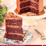 Pinterest image for Devils Food Chocolate cake with Chocolate Ganache.
