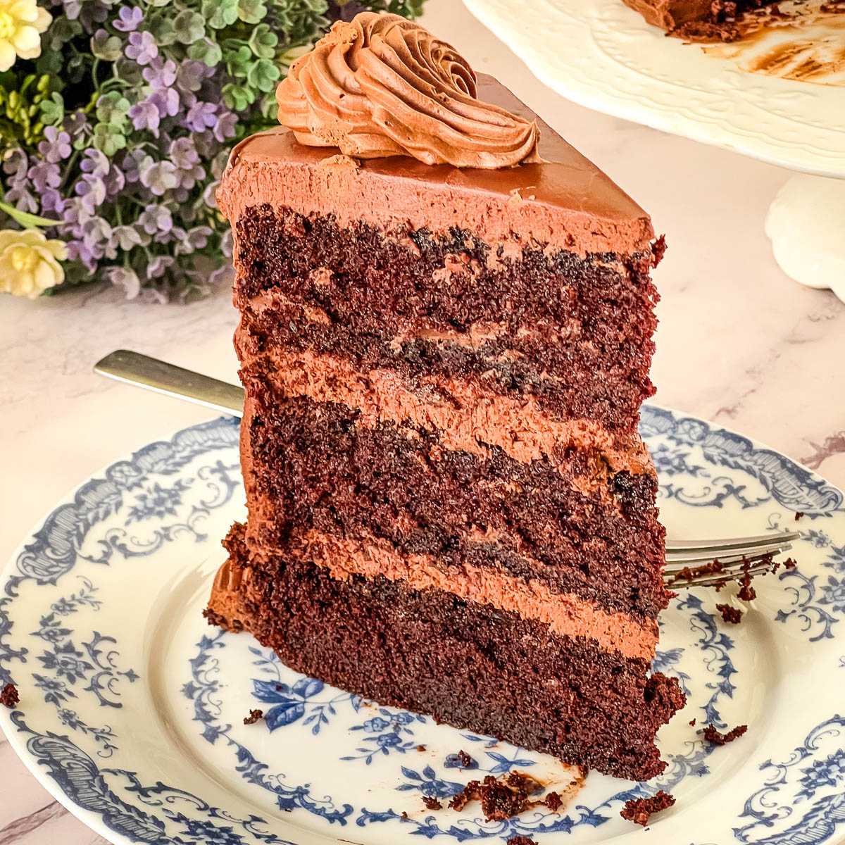 A slice of dark Devil’s Food chocolate cake with a soft crumb and glossy chocolate ganache frosting.