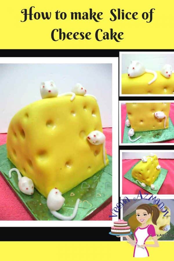 A cake decorated like a block of Swiss cheese with fondant mice.