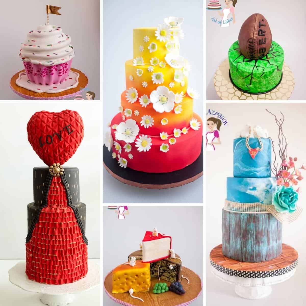 Collage of fondant decorated cakes.