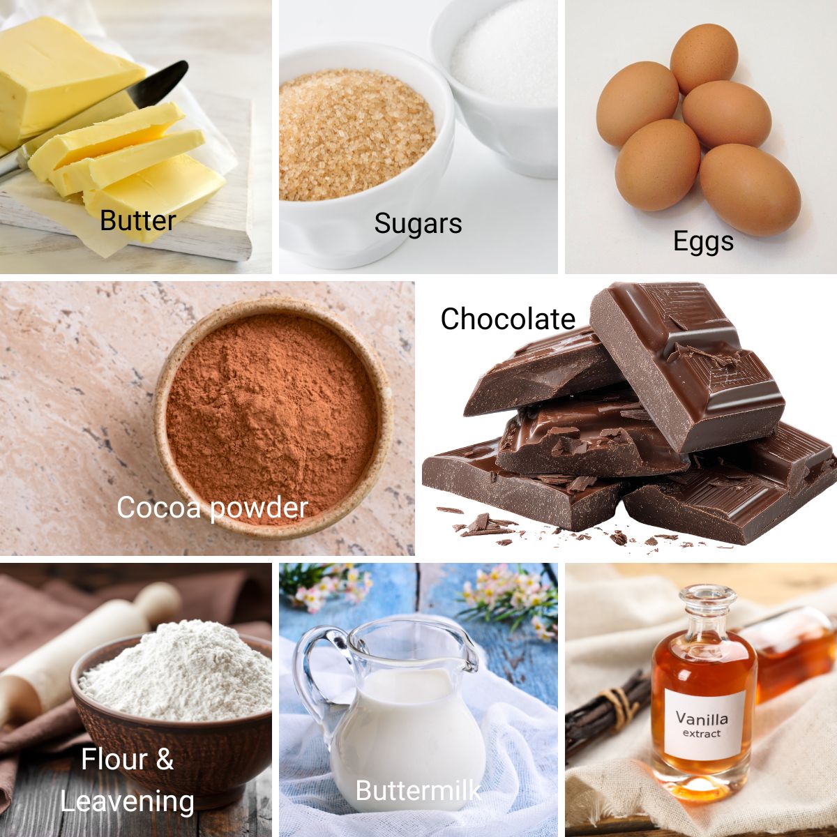 Ingredients for making Devils Food Cake Recipe.