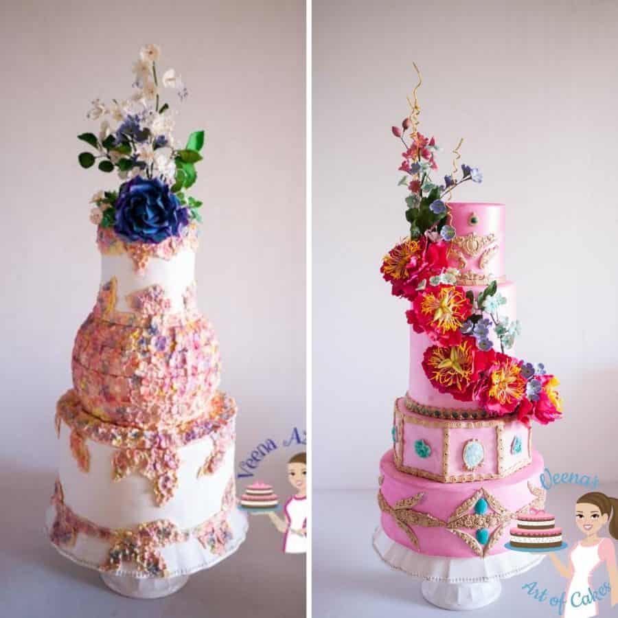 Collage with fondant decorated cakes by Veena Azmanov.