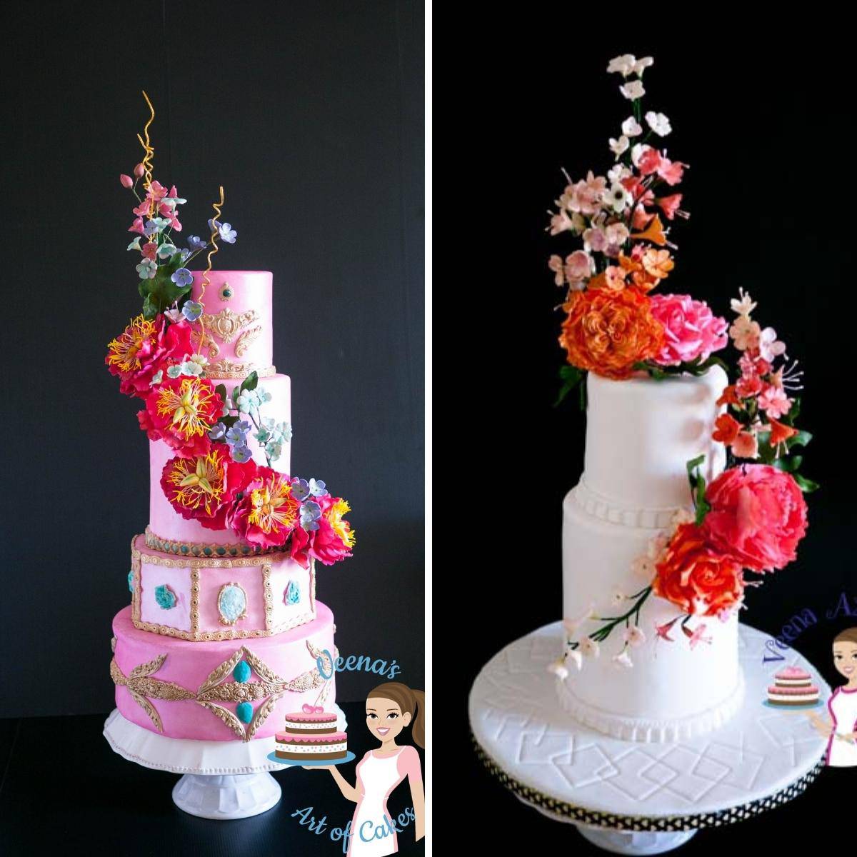 Collage with fondant decorated cakes by Veena Azmanov.