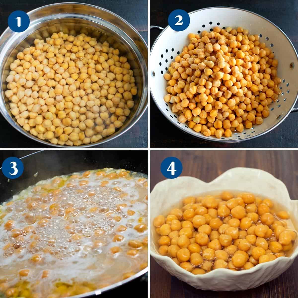 Progress pictures collage how to make hummus from scratch with dry chickpeas.