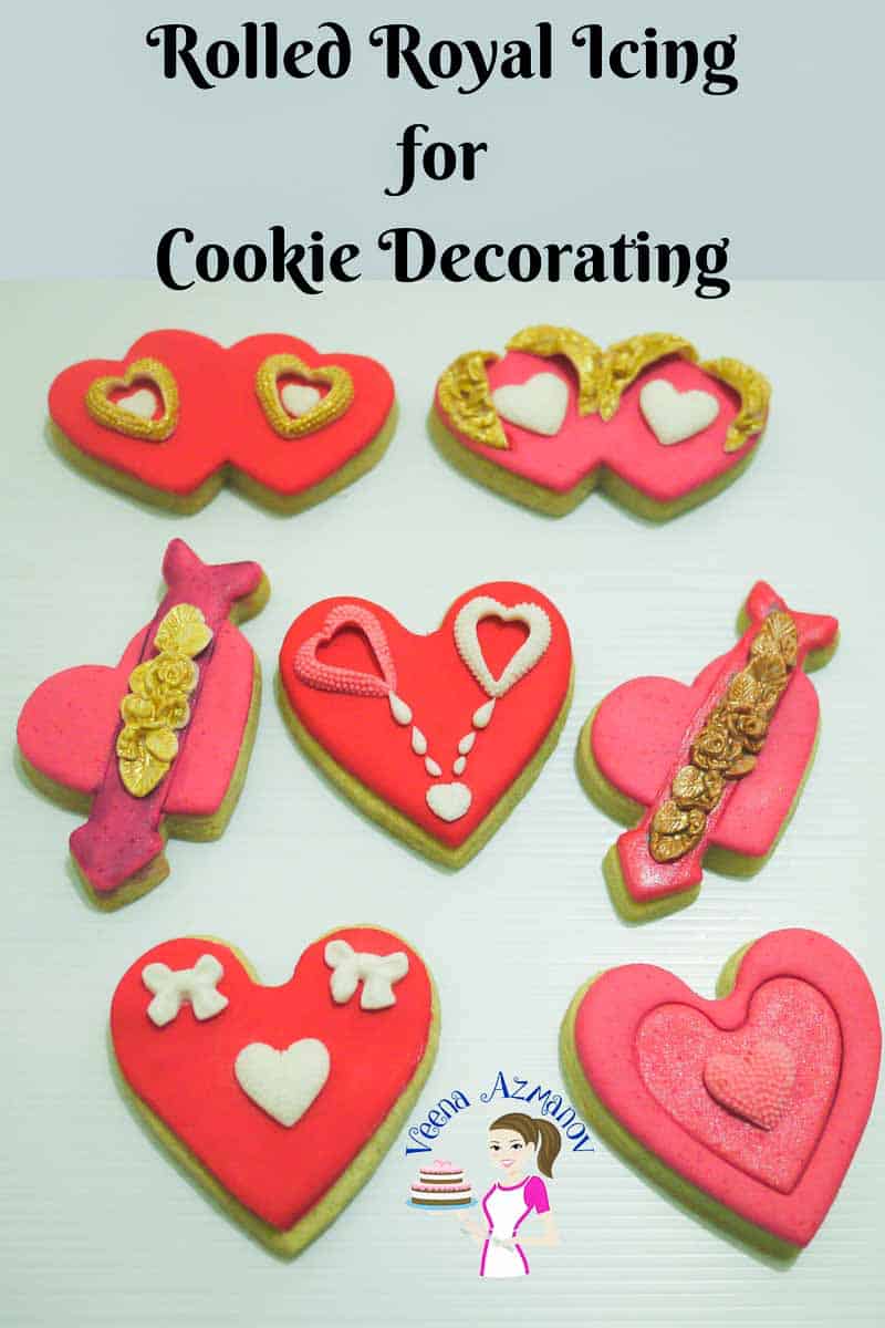 Heart-shaped cookies decorated with royal icing.
