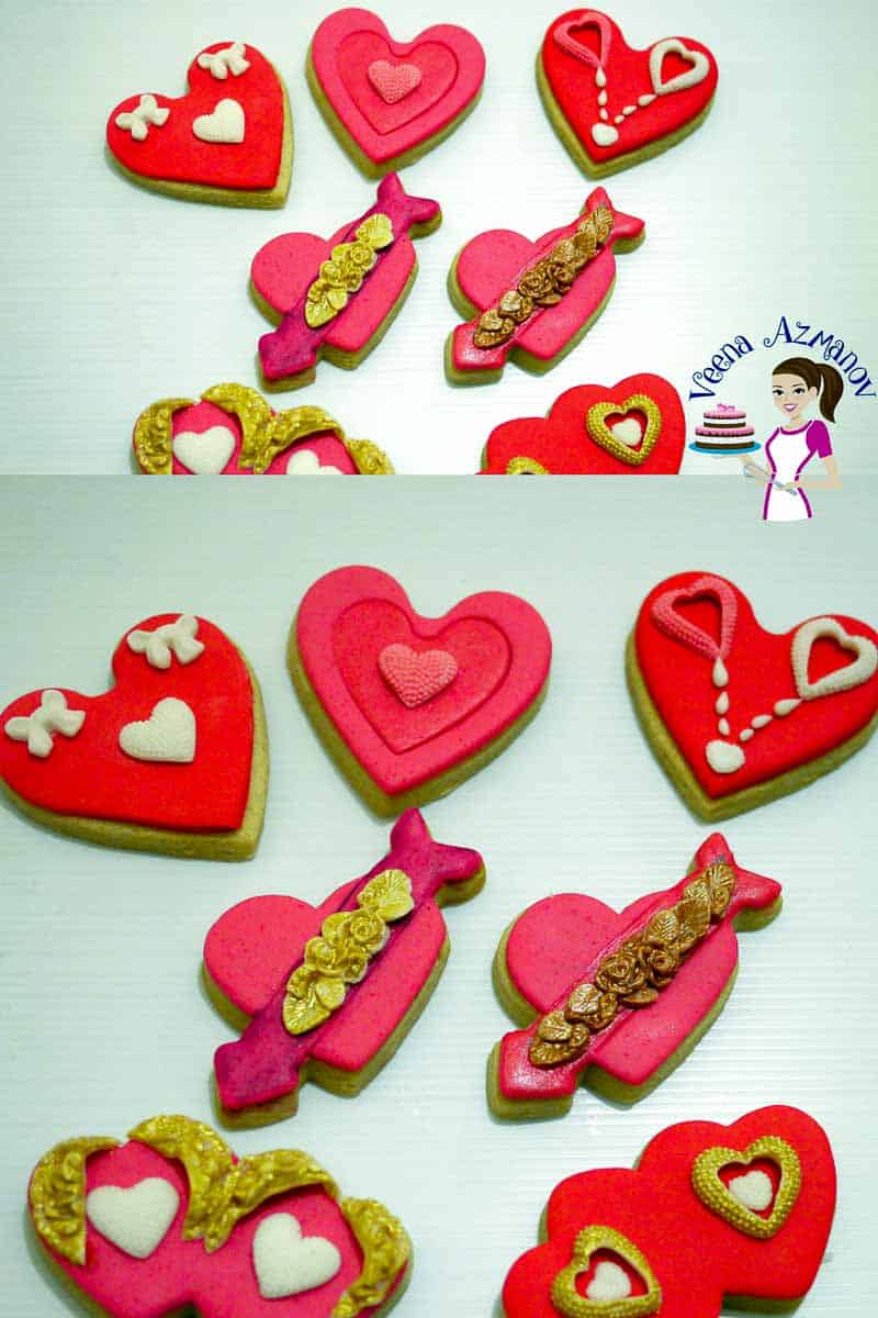 Heart-shaped cookies decorated with royal icing.