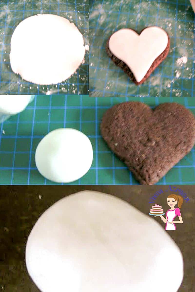 Progress photos of making royal icing for cookie decoration.