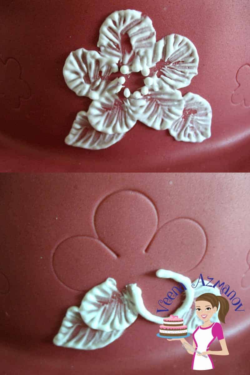 Progress photos of decorating a cake with a brush embroidery pattern.