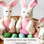 Pinterest image gum paste bunny cake toppers.
