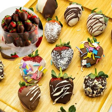 A board with Chocolate Covered Strawberries.