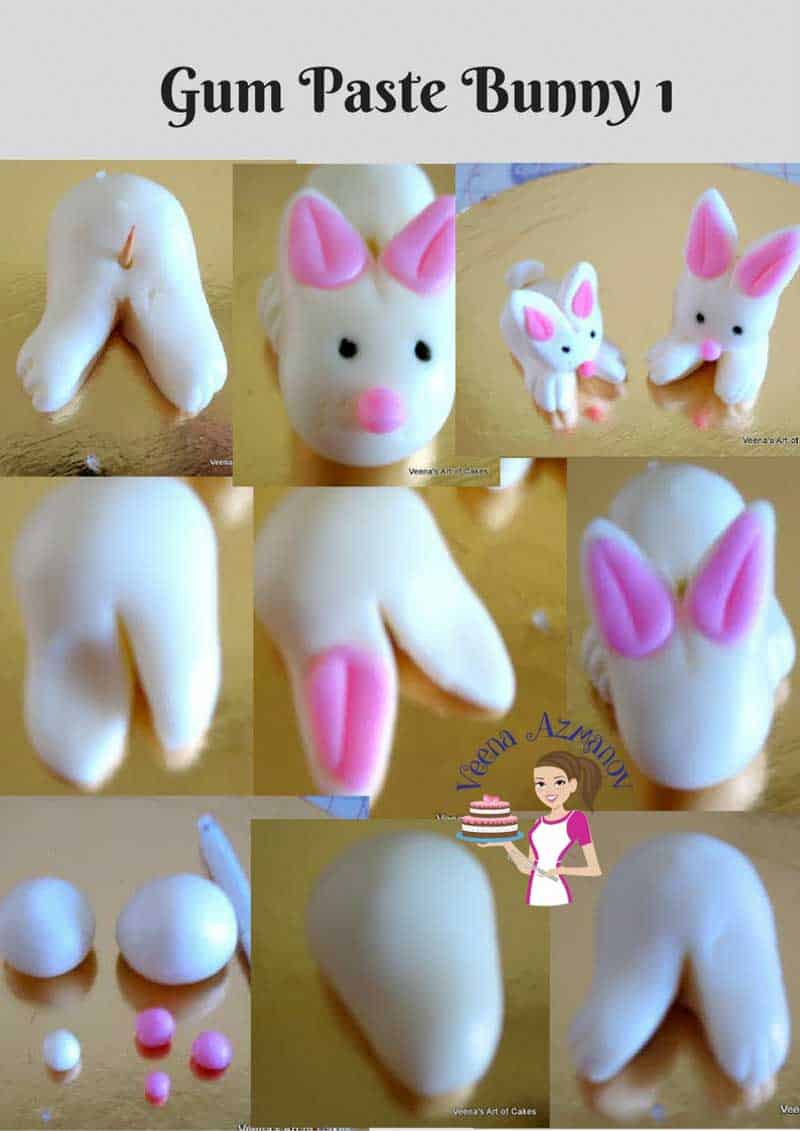 A collage of close ups of a gum paste bunny.