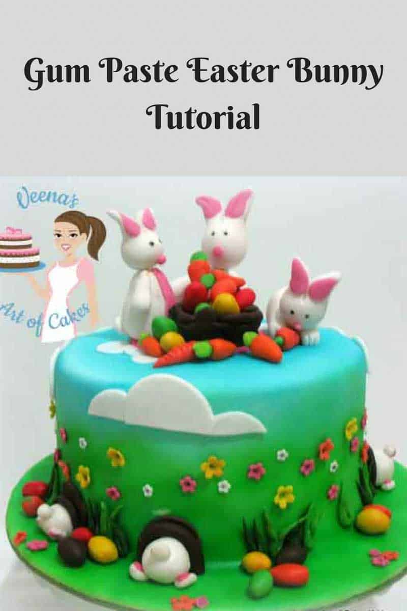 A cake decorated with gum paste Easter bunnies.