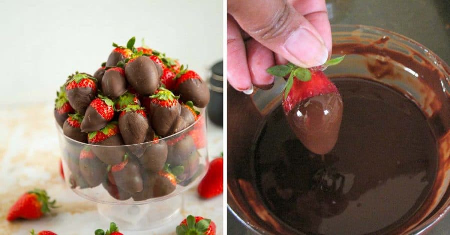 A person holding a Chocolate coated Strawberry and a bowl full of chocolate coated strawberries.