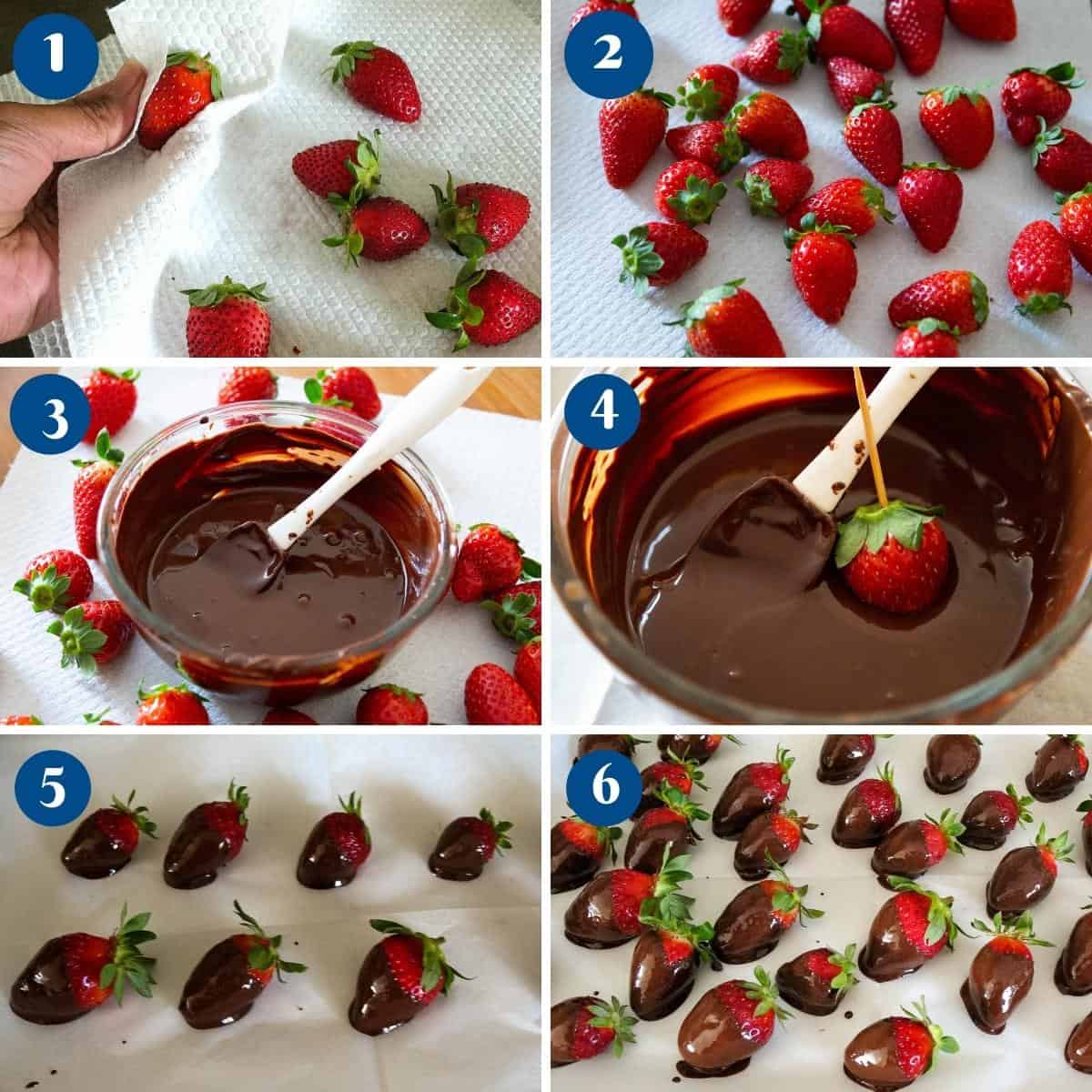 Progress pictures making the chocolate covered strawberries.