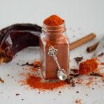 Shawarma spice in a jar with spoon.