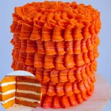A frosted orange cake with Swiss meringue buttercream.