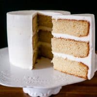 A vanilla layer cake with vanilla frosting.